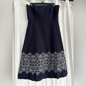 LOFT Navy Embroidered Cotton strapless A-line Dress